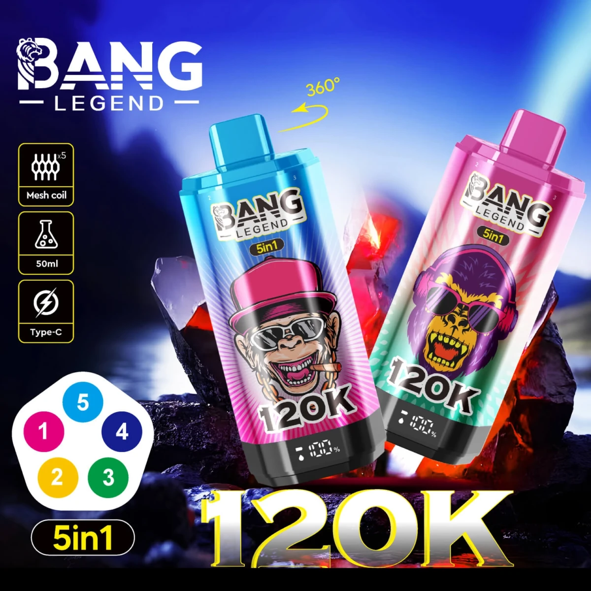Bang Legend 120K 5-in-1 Disposable Vape - Light Blue Edition | 120000 Puffs | Blueberry Cherry & Apple Grape Flavors | 5 Mesh Coil Vape