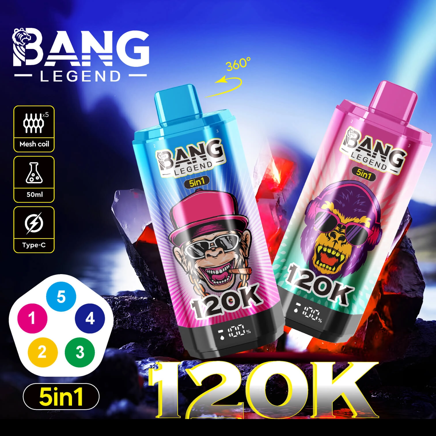 Bang Legend 120K 5-in-1 Disposable Vape - Light Blue Edition | 120000 Puffs | Blueberry Cherry & Apple Grape Flavors | 5 Mesh Coil Vape