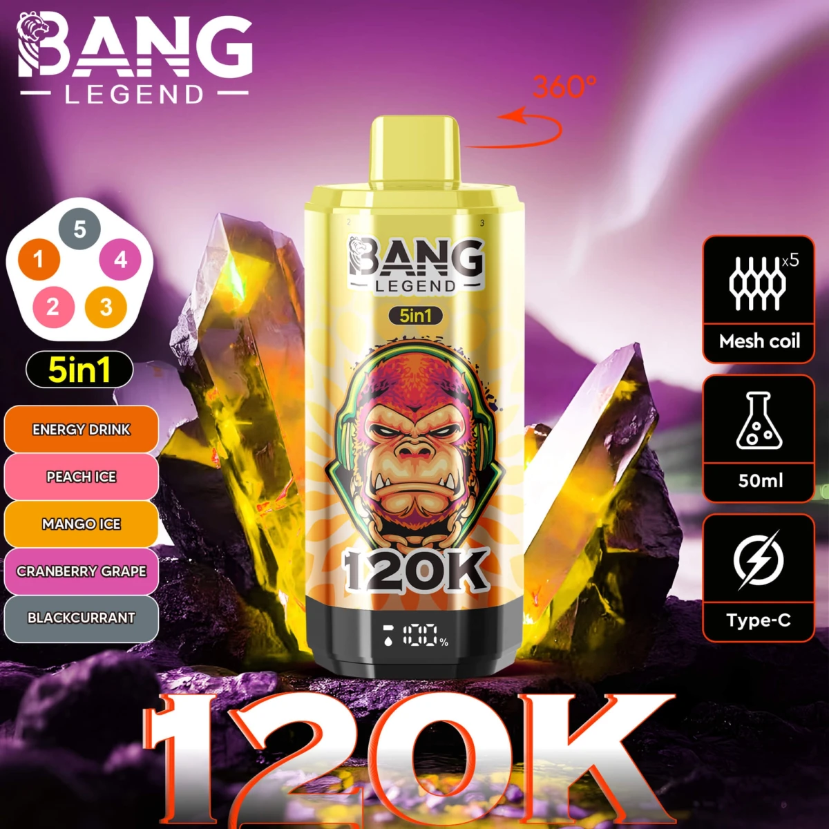 Bang Legend 120K 5-in-1 Disposable Vape - Deep Purple Edition | 120000 Puffs | Blueberry Raspberry & Cherry Cola Flavors | 5 Mesh Coil Vape