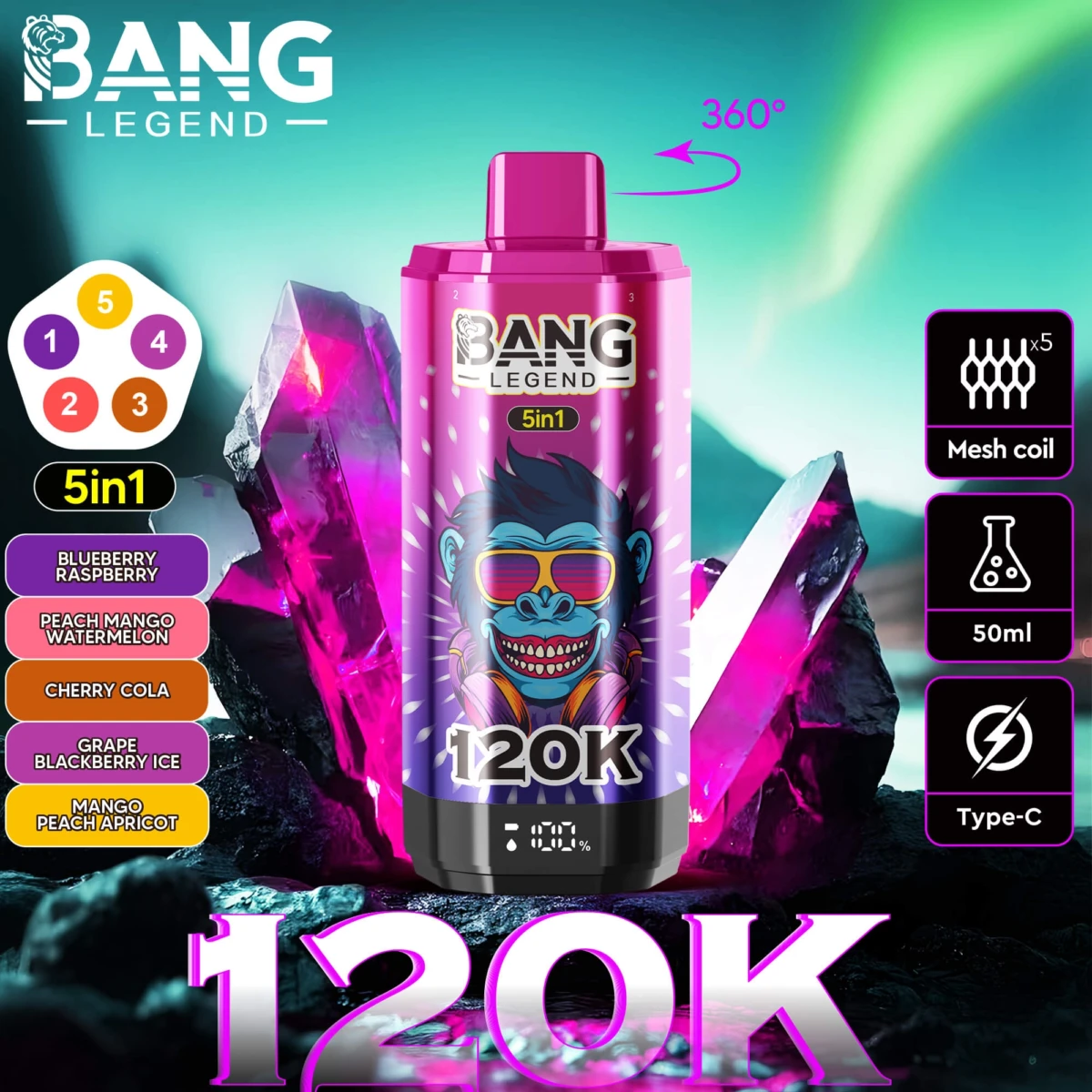 Bang Legend 120K 5-in-1 Disposable Vape - Green-Cyan Edition | 120000 Puffs | Black Dragon Ice & Rainbow Candy Flavors | 5 Mesh Coil & Type-C