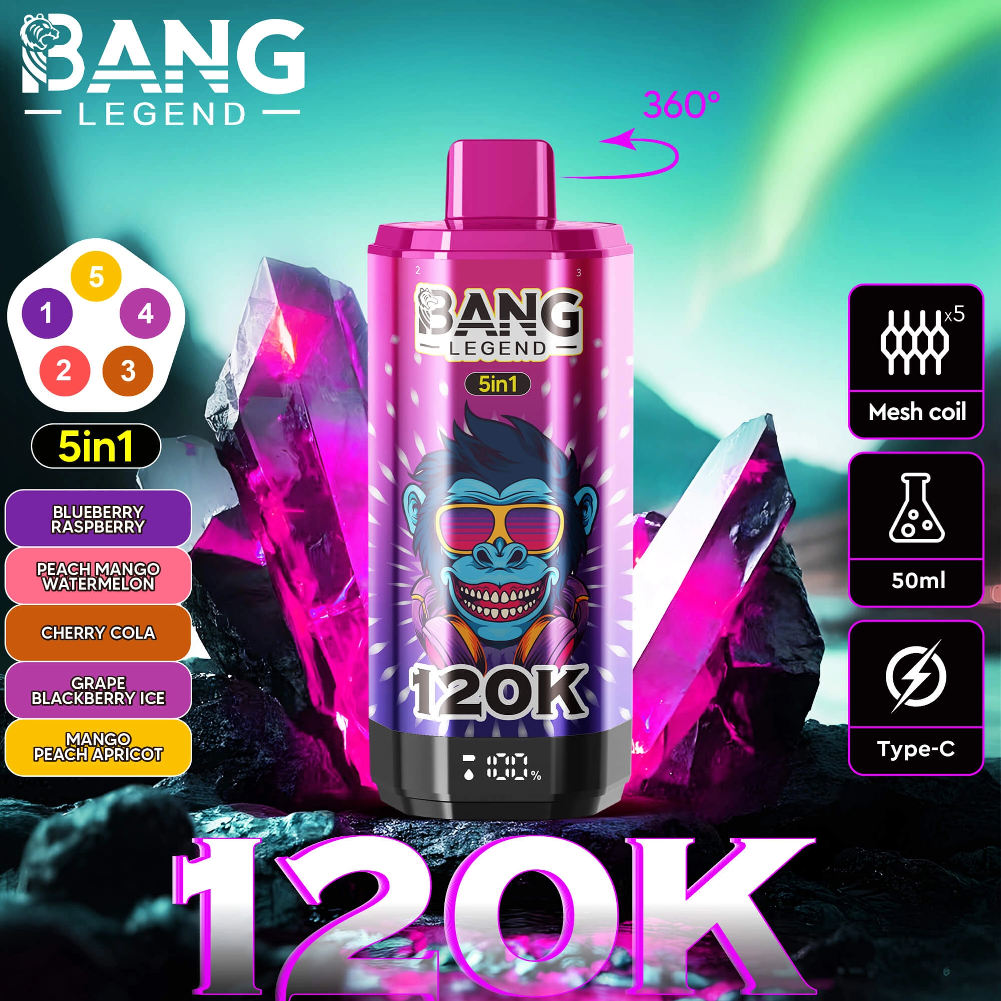 Bang Legend 120K 5-in-1 Disposable Vape - Green-Cyan Edition | 120000 Puffs | Black Dragon Ice & Rainbow Candy Flavors | 5 Mesh Coil & Type-C