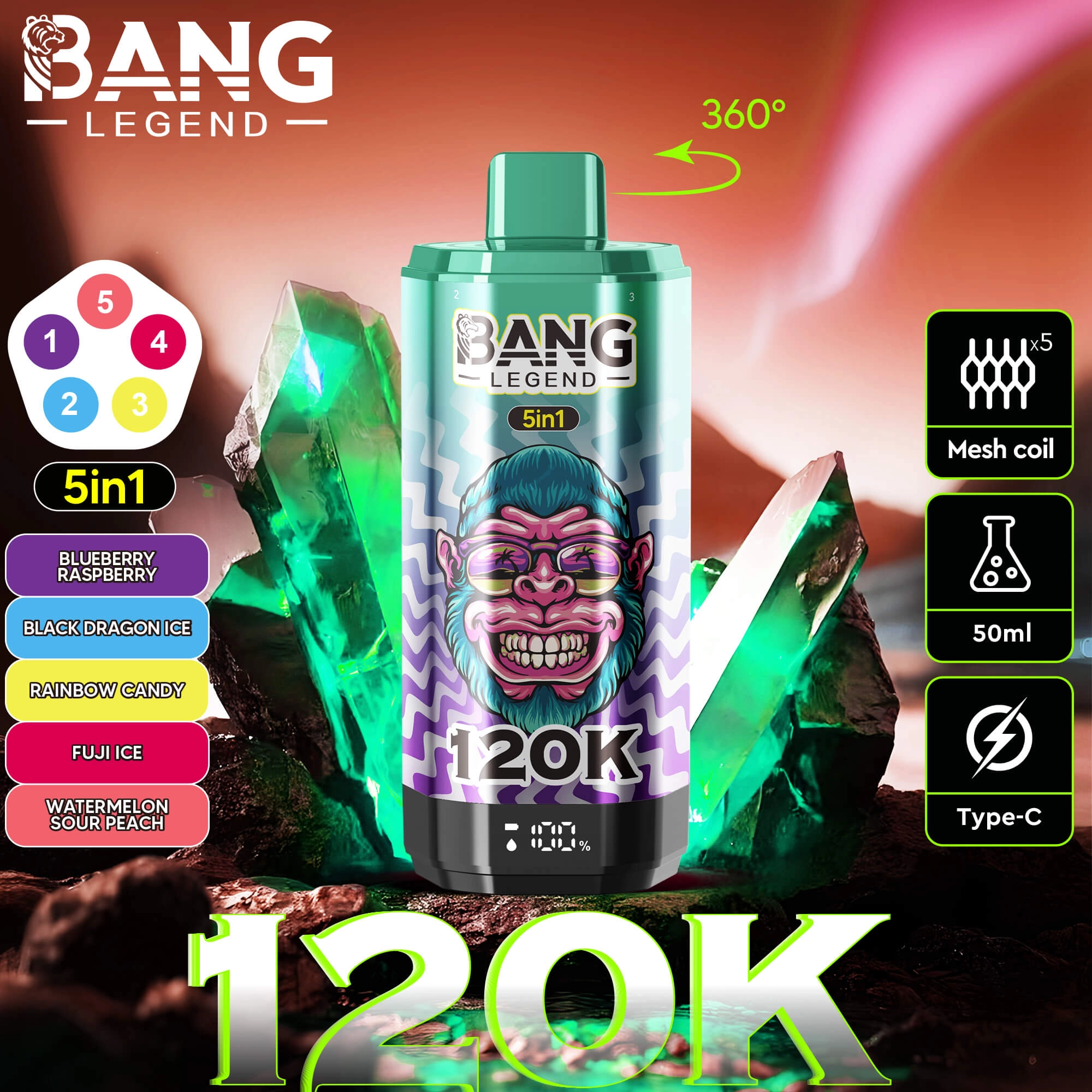 Bang Legend 120K 5in1 disposable vape 12000 puffs 50ml mesh coil Type-C, 5 in 1 vape with blueberry raspberry, black dragon ice, rainbow candy, fuji ice, watermelon sour peach flavors for EU wholesale