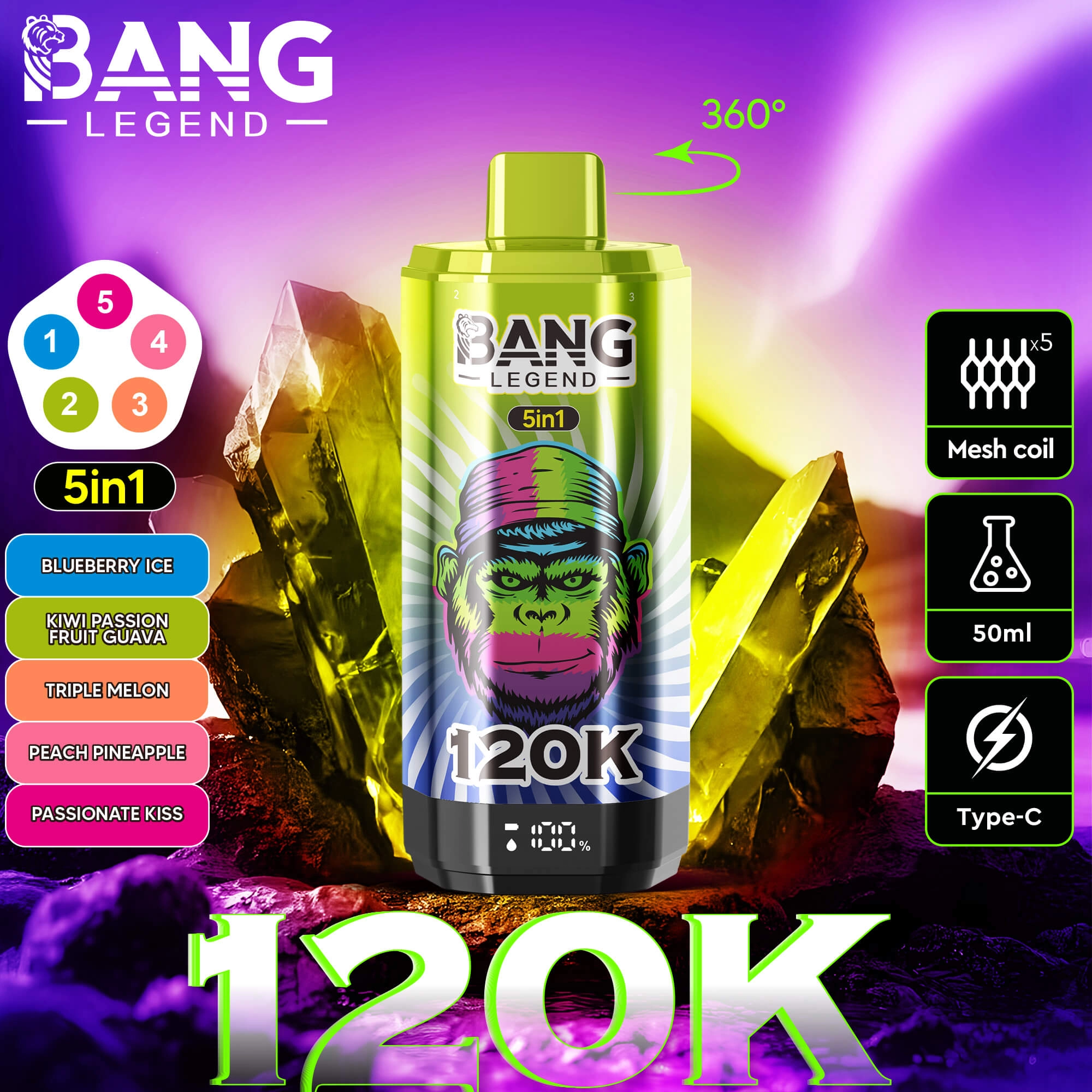 Bang Legend 120K 5-in-1 Disposable Vape - Yellow-Green Edition | 120000 Puffs | 5 Flavor Modes | Energy Drink & Peach Ice Flavors | 5 Mesh Coil & Type-C Charging
