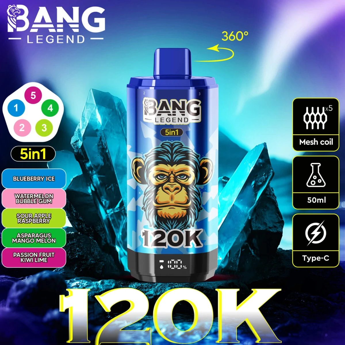 Bang Legend 120K 5-in-1 Disposable Vape - Deep Blue Edition | 120000 Puffs | Watermelon Bubble Gum Flavor | 5 Mesh Coil & Type-C