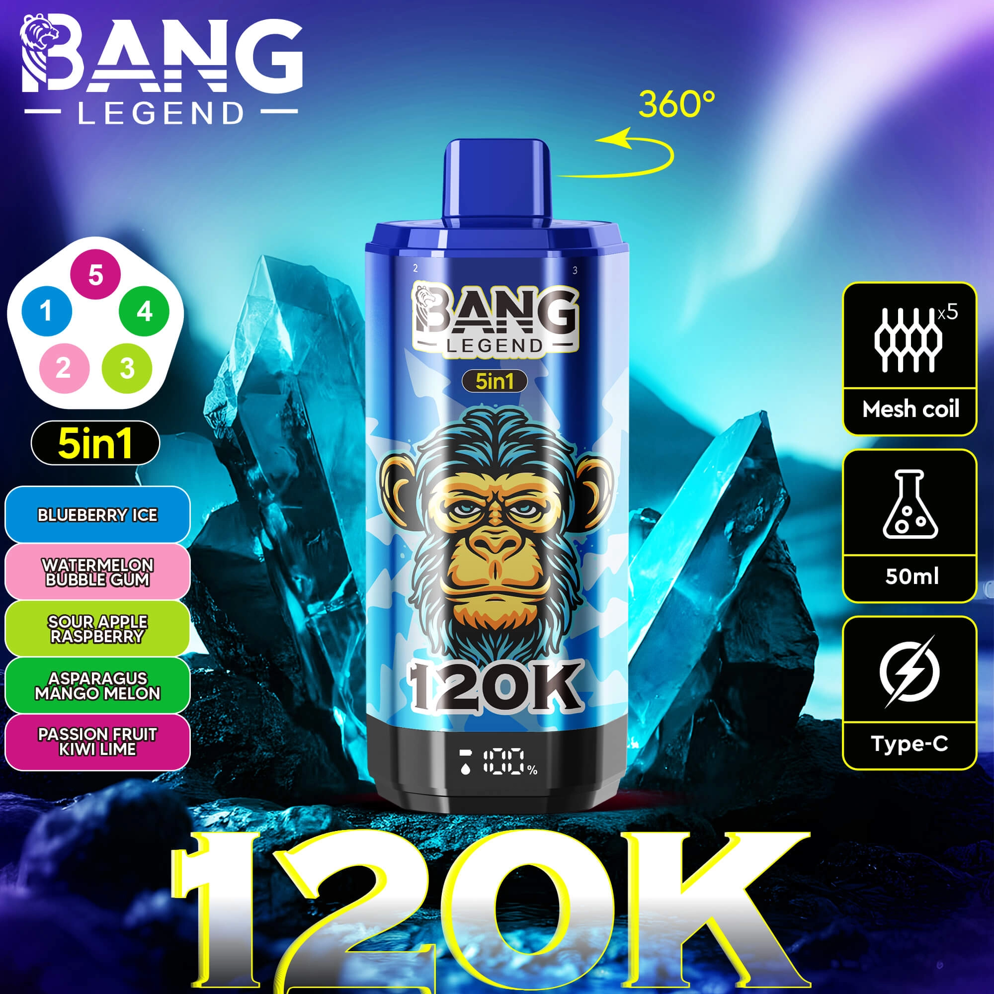 Bang Legend 120K 5-in-1 Disposable Vape - Deep Blue Edition | 120000 Puffs | Watermelon Bubble Gum Flavor | 5 Mesh Coil & Type-C