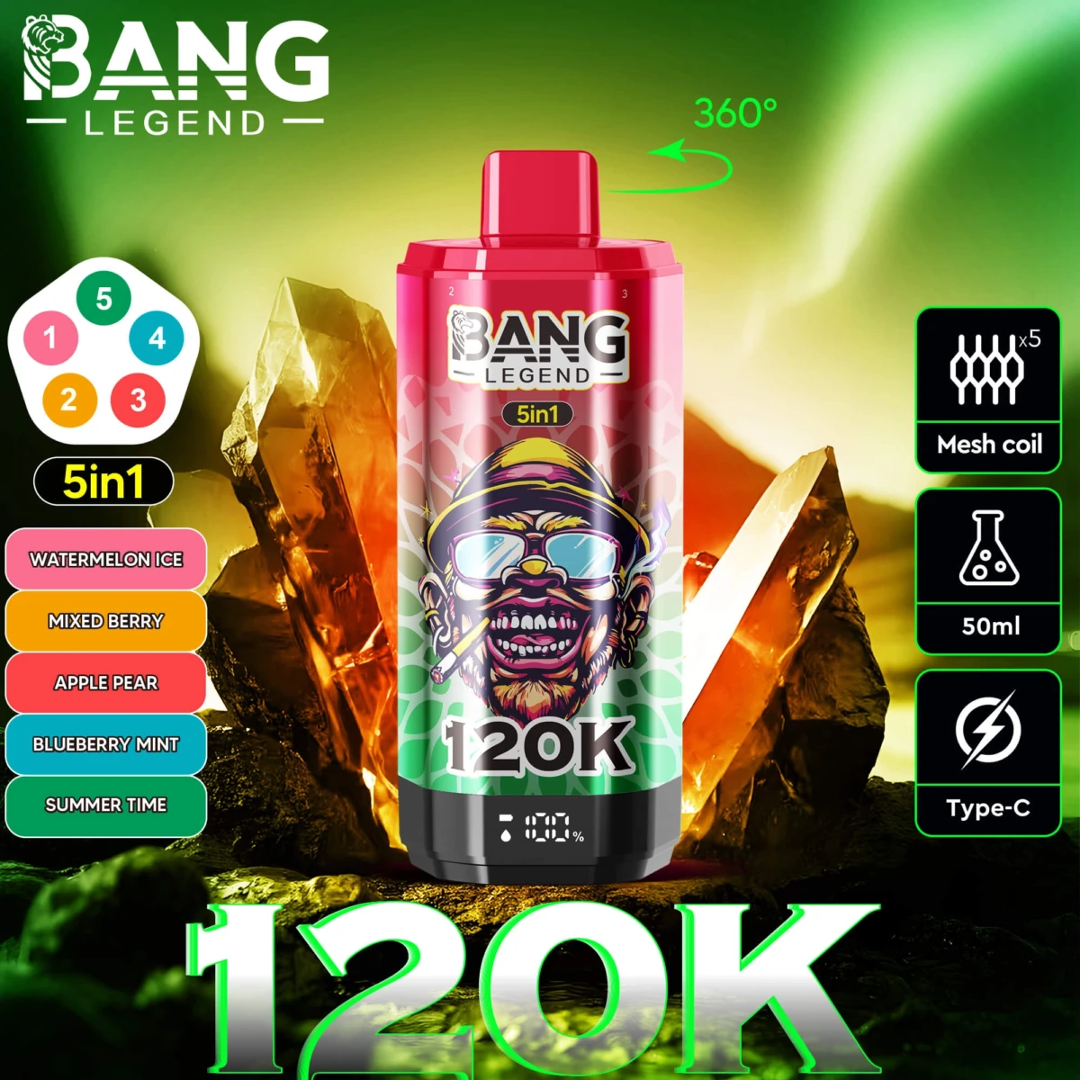 Bang Legend 120K 5-in-1 Disposable Vape - Pink-Red Edition | 120000 Puffs | Watermelon Ice & Mixed Berry Flavors | 5-in-1 Mesh Coil Vape