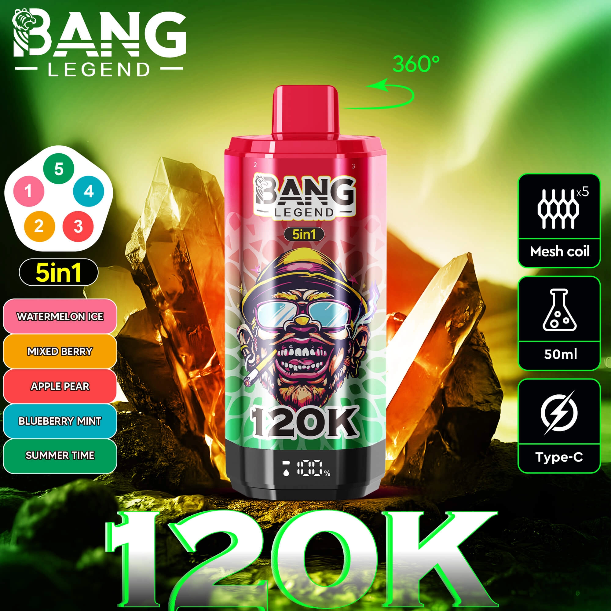 Bang Legend 120K 5-in-1 Disposable Vape - Pink-Red Edition | 120000 Puffs | Watermelon Ice & Mixed Berry Flavors | 5-in-1 Mesh Coil Vape