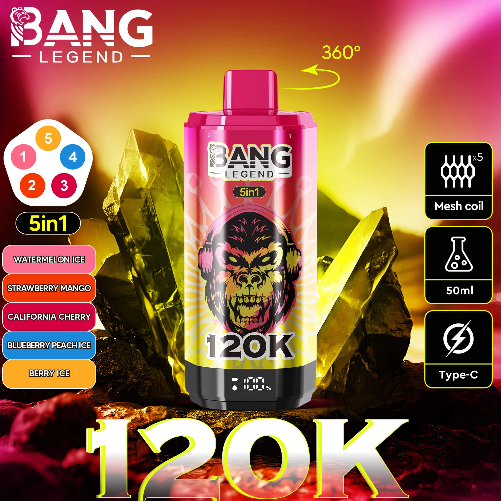 Bang Legend 120K 5-in-1 Disposable Vape - Purple-Pink Edition | 120000 Puffs | Strawberry Mango & Grape Ice Flavors | 5 Mesh Coil Type-C Vape
