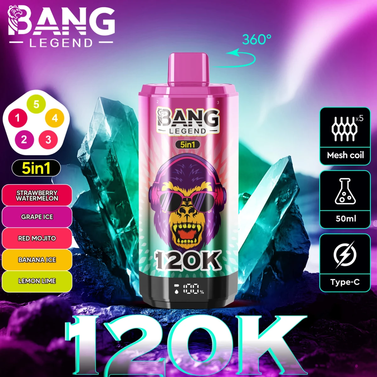 Bang Legend 120K 5-in-1 Disposable Vape - Blue-Pink Dual Edition | 120000 Puffs | 5-in-1 Multi-Flavor Vape | 5 Mesh Coil & Type-C Charging