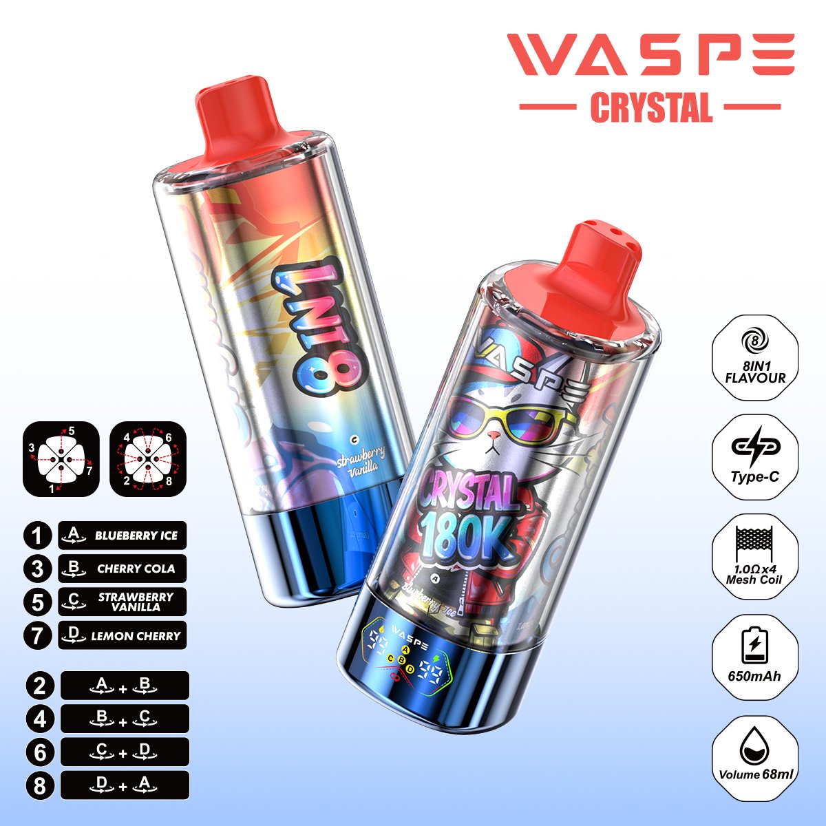 WASPE Crystal 180K | 8-in-1 flavor switch 180000 puffs LED display bulk disposable vape
