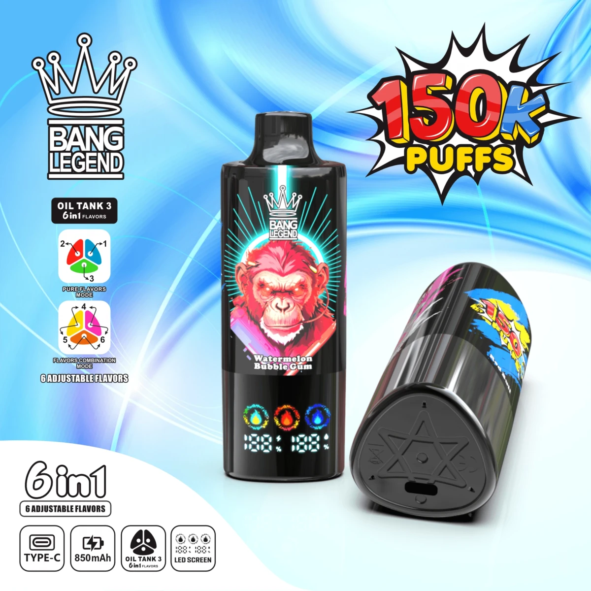 BANG LEGEND 6in1 150000 Puffs Disposable Vape Watermelon Bubble Gum, 6 Flavors Switch Rechargeable Vape with LED Screen EU Wholesale