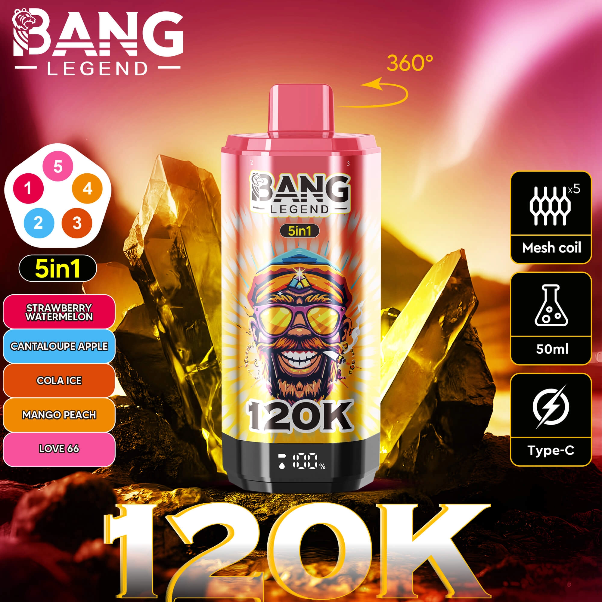 Bang Legend 120K 5in1 disposable vape 12000 puffs 50ml mesh coil Type-C rechargeable, 5 in 1 vape with strawberry watermelon, cantaloupe apple, cola ice, mango peach, love 66 fla