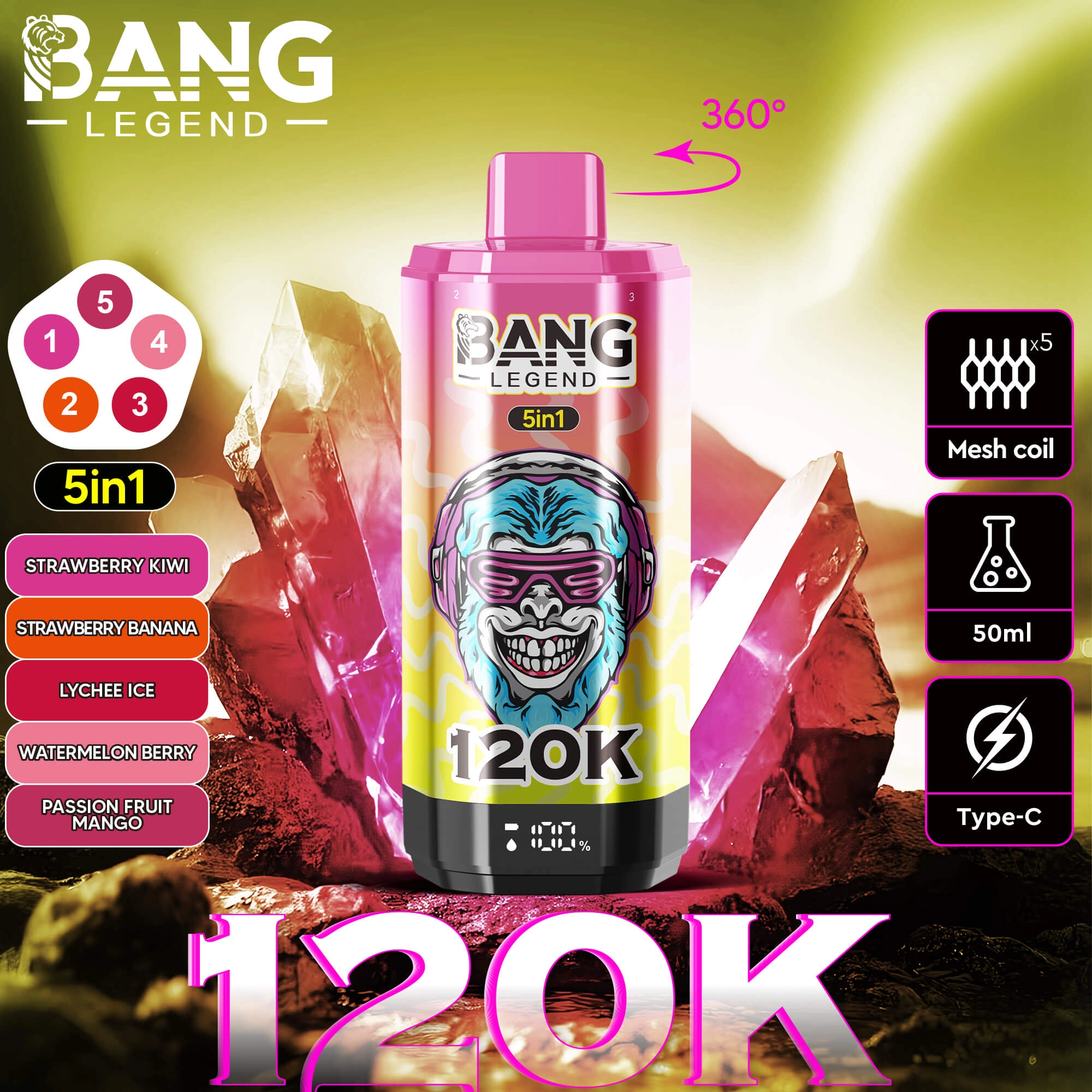 Bang Legend 120K 5in1 disposable vape 12000 puffs 50ml mesh coil Type-C, 5 in 1 vape with strawberry kiwi, strawberry banana, lychee ice, watermelon berry, passion fruit mango flavors for EU wholesale