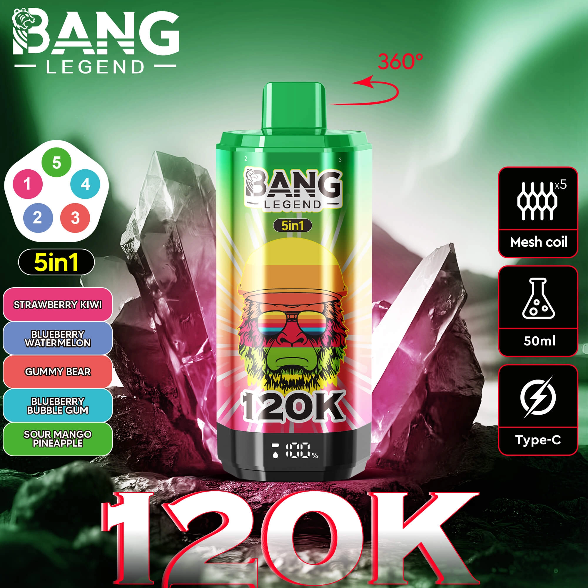 Bang Legend 120K 5in1 disposable vape 12000 puffs 50ml mesh coil Type-C rechargeable, 5 in 1 vape with strawberry kiwi, blueberry watermelon, gummy bear, blueberry bubble gum, sour mango pineapple flavors for EU wholesale