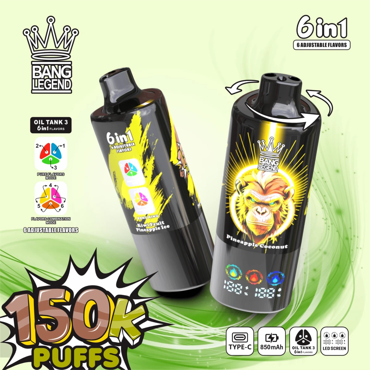BANG LEGEND 15000 puffs 6 in 1 disposable vape Pineapple Coconut Kiwi Fruit Pineapple Ice flavor with LED screen 850mAh Type-C