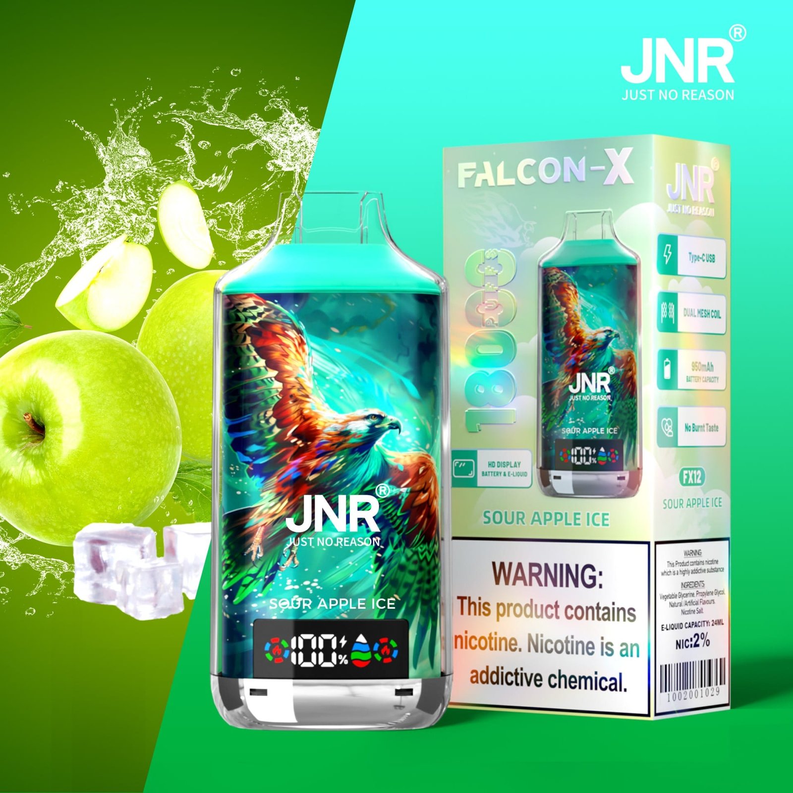 JNR Falcon X 18000 Puffs | 2% nicotine, 24mL, dual mesh & core, LED display, airflow control – Bild 23