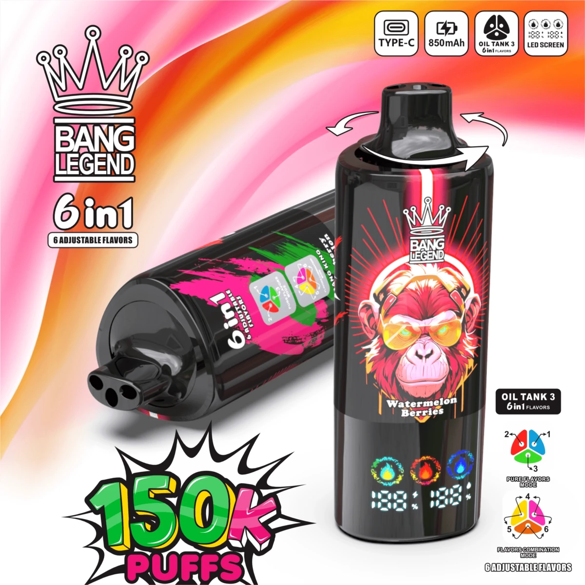 BANG LEGEND 15000 puffs 6 in 1 disposable vape Watermelon Berries flavor 6 adjustable flavors LED screen