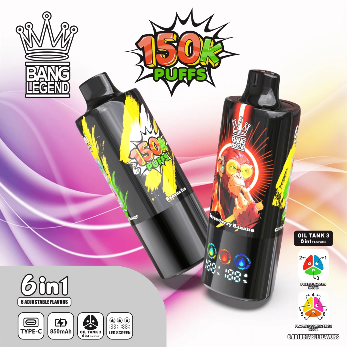 BANG LEGEND 15000 puffs 6 in 1 disposable vape Strawberry Banana Banana Ice Orange flavor 150K puffs