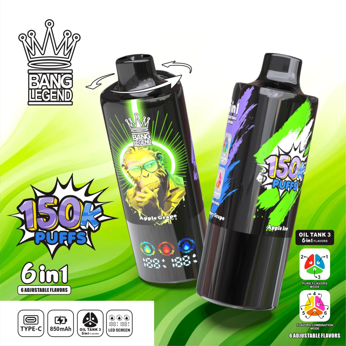 BANG LEGEND 15000 puffs 6 in 1 disposable vape Apple Grape Apple Ice flavor 6 in 1 adjustable flavor vape