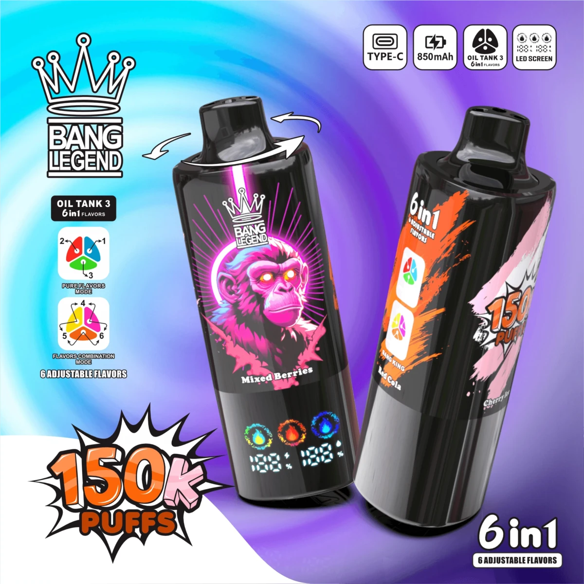 BANG LEGEND 15000 puffs 6 in 1 disposable vape Peach Mango Watermelon Mango Ice flavor 150K puffs