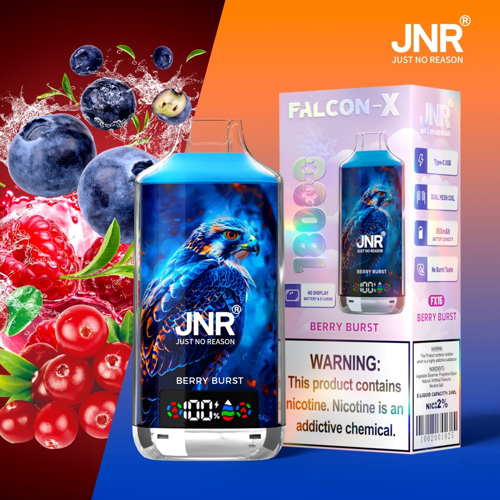 JNR Falcon X 18000 Puffs | 2% nicotine, 24mL, dual mesh & core, LED display, airflow control – Bild 19