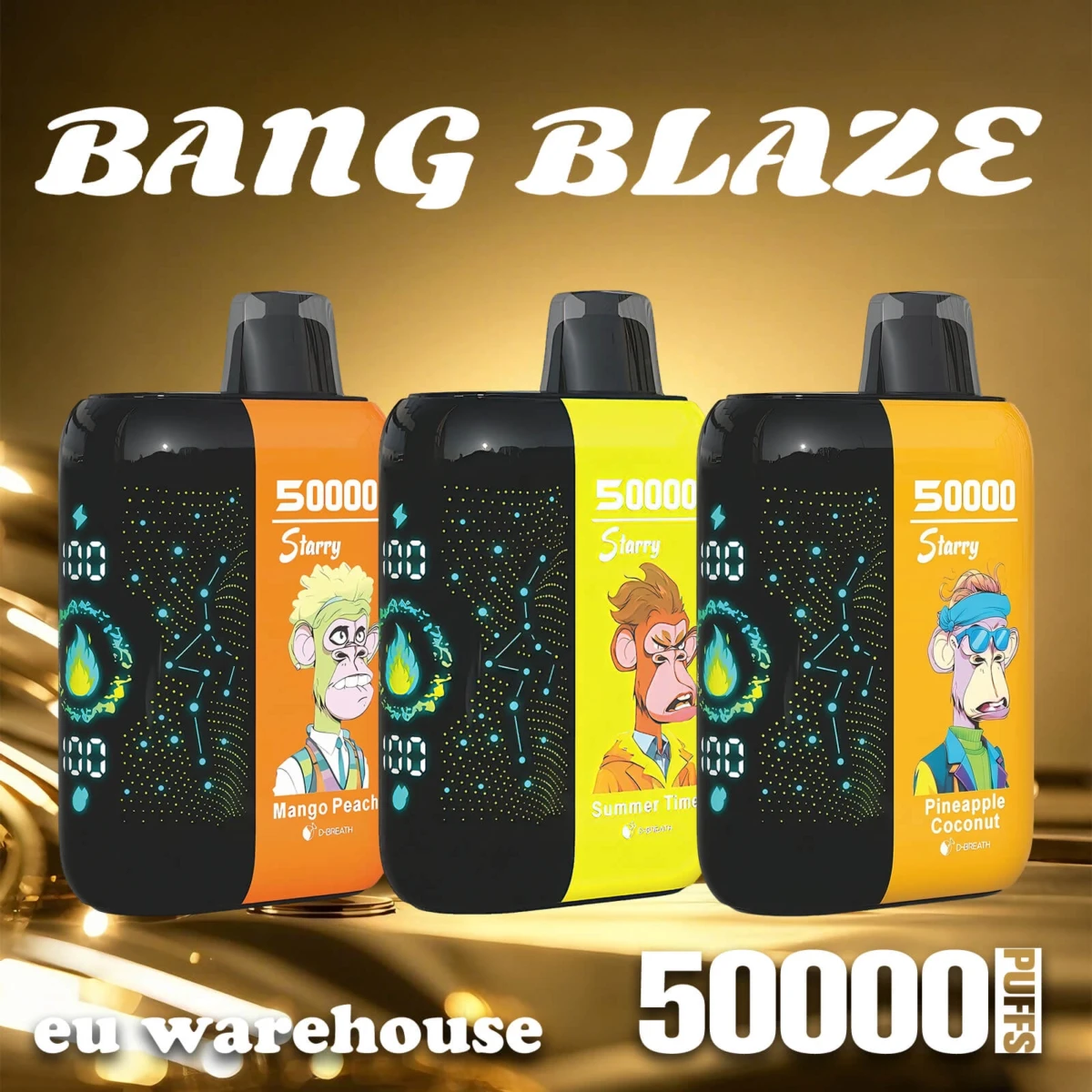 BANG BLAZE 50000 puffs disposable vape with Bored Ape designs, flavors Mango Peach, Summer Time, Pineapple Coconut