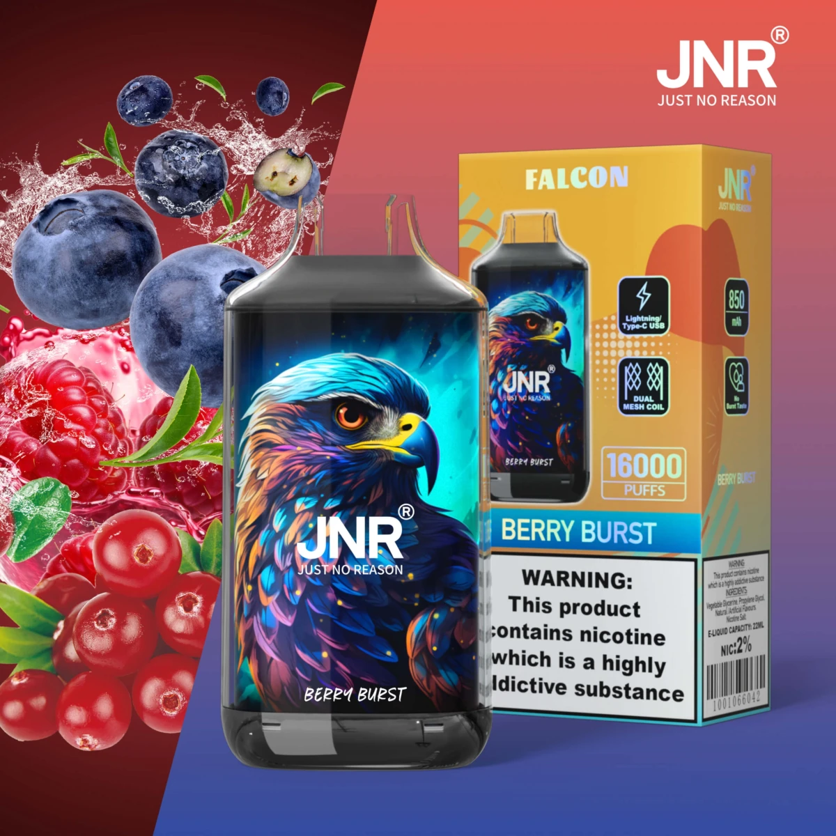JNR FALCON 16000 puffs disposable vape berry burst flavor, JNR 16k puffs vape mixed berry, wholesale JNR vape EU