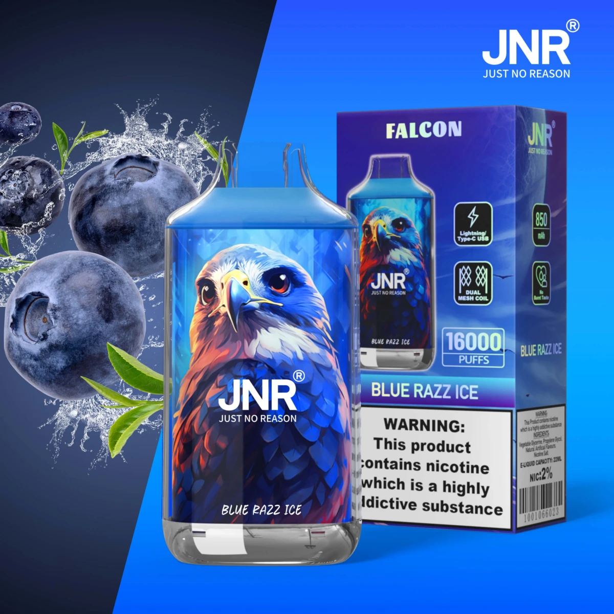 JNR FALCON 16000 puffs disposable vape blue razz ice flavor, JNR 16k puffs vape icy blue raspberry, wholesale JNR vape EU