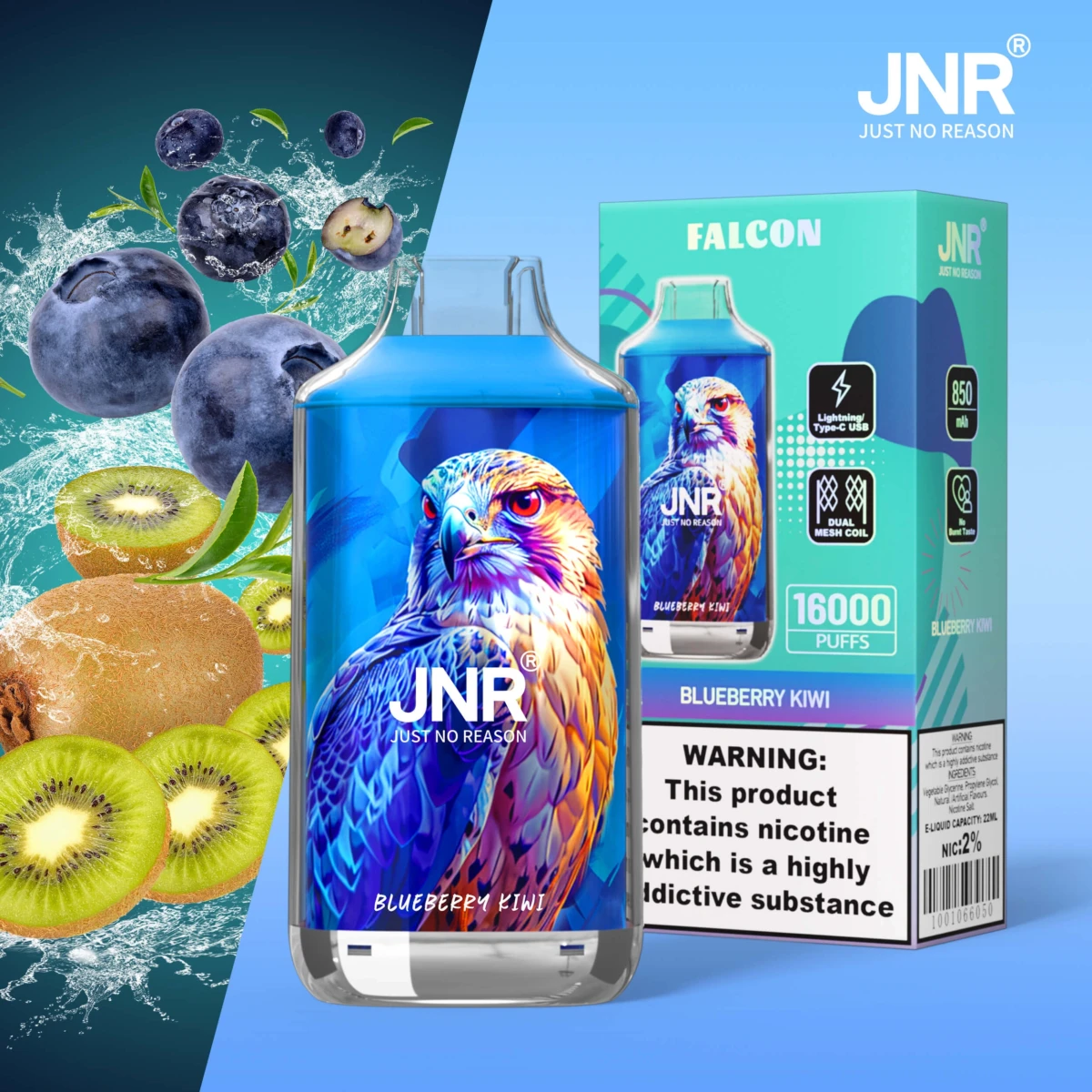 JNR FALCON 16000 puffs disposable vape blueberry kiwi flavor, JNR 16k puffs vape dual mesh coil, EU wholesale JNR vape