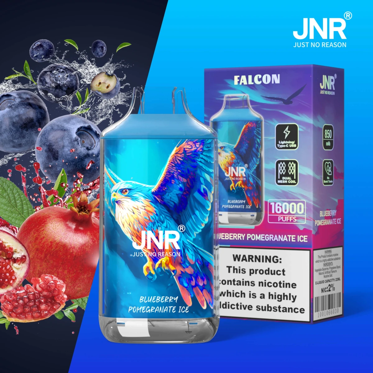 JNR FALCON 16000 puffs disposable vape blueberry pomegranate ice flavor, JNR 16k puffs vape dual mesh coil, EU wholesale JNR vape