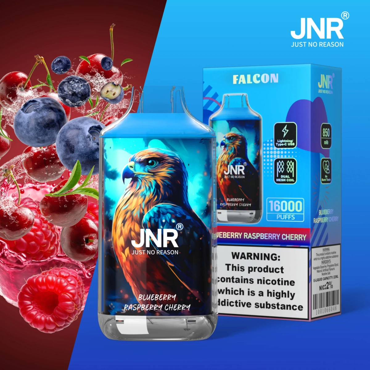JNR FALCON 16000 puffs disposable vape blueberry raspberry cherry flavor, JNR 16000 puffs vape triple berry blend, wholesale JNR vape EU