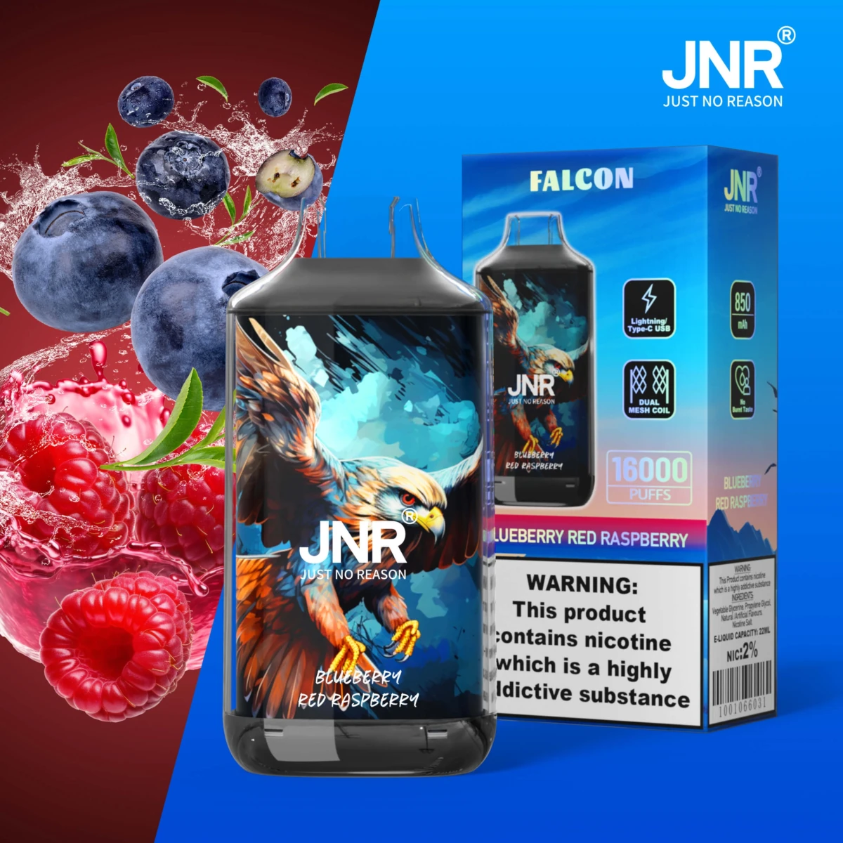 JNR FALCON 16000 puffs disposable vape blackberry red raspberry flavor, JNR 16000 puffs vape Type-C charging, bulk JNR vape Poland
