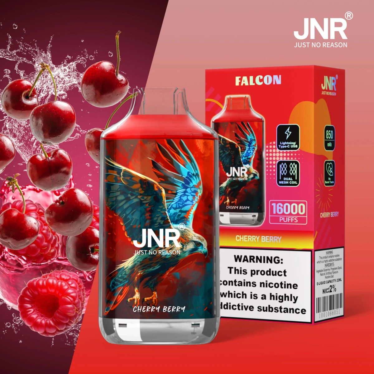 JNR FALCON 16000 puffs disposable vape cherry berry flavor, JNR 16000 puffs vape 2% nicotine, EU wholesale JNR disposable vape