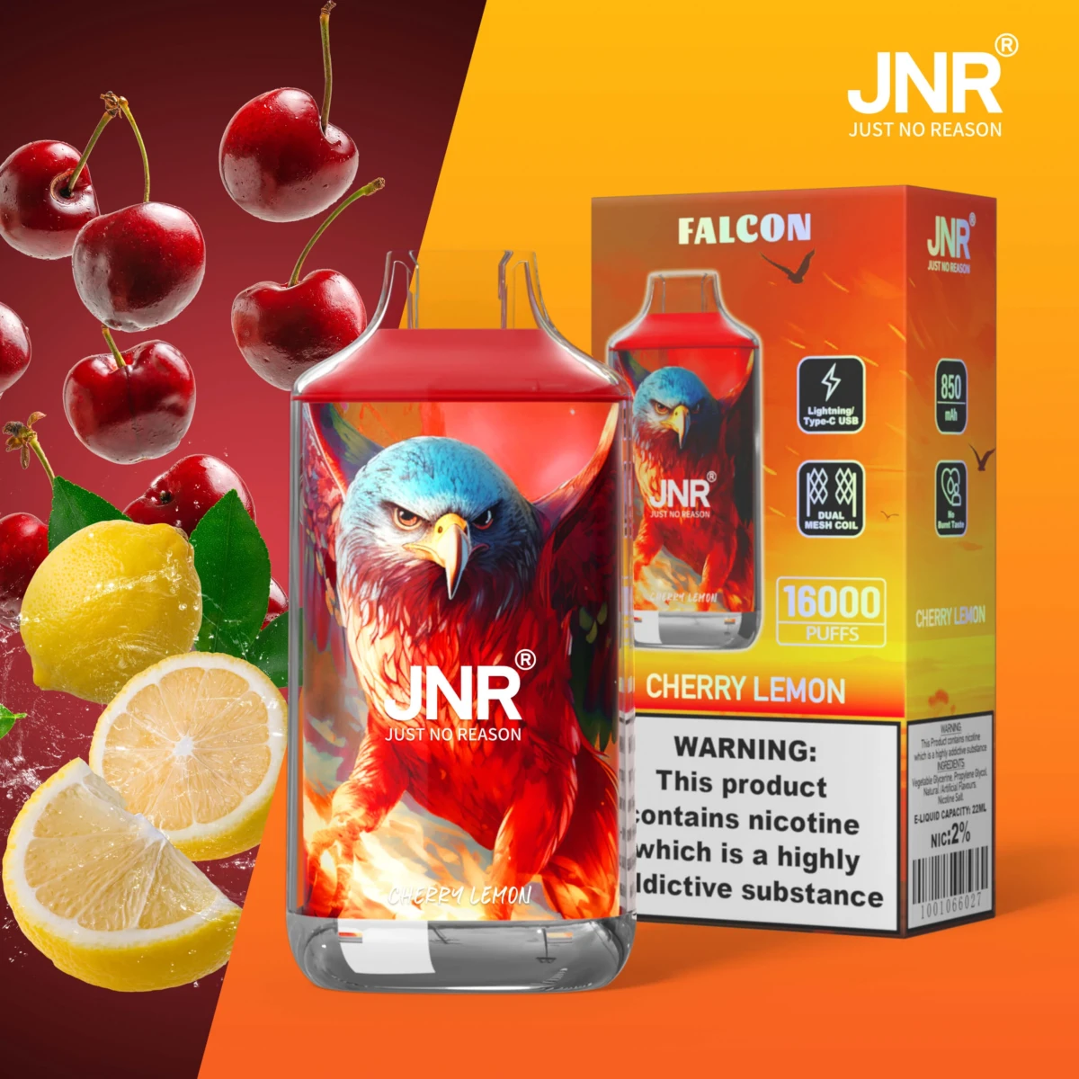 JNR FALCON 16000 puffs disposable vape cherry lemon flavor, JNR 16k puffs vape dual mesh coil, EU wholesale JNR vape