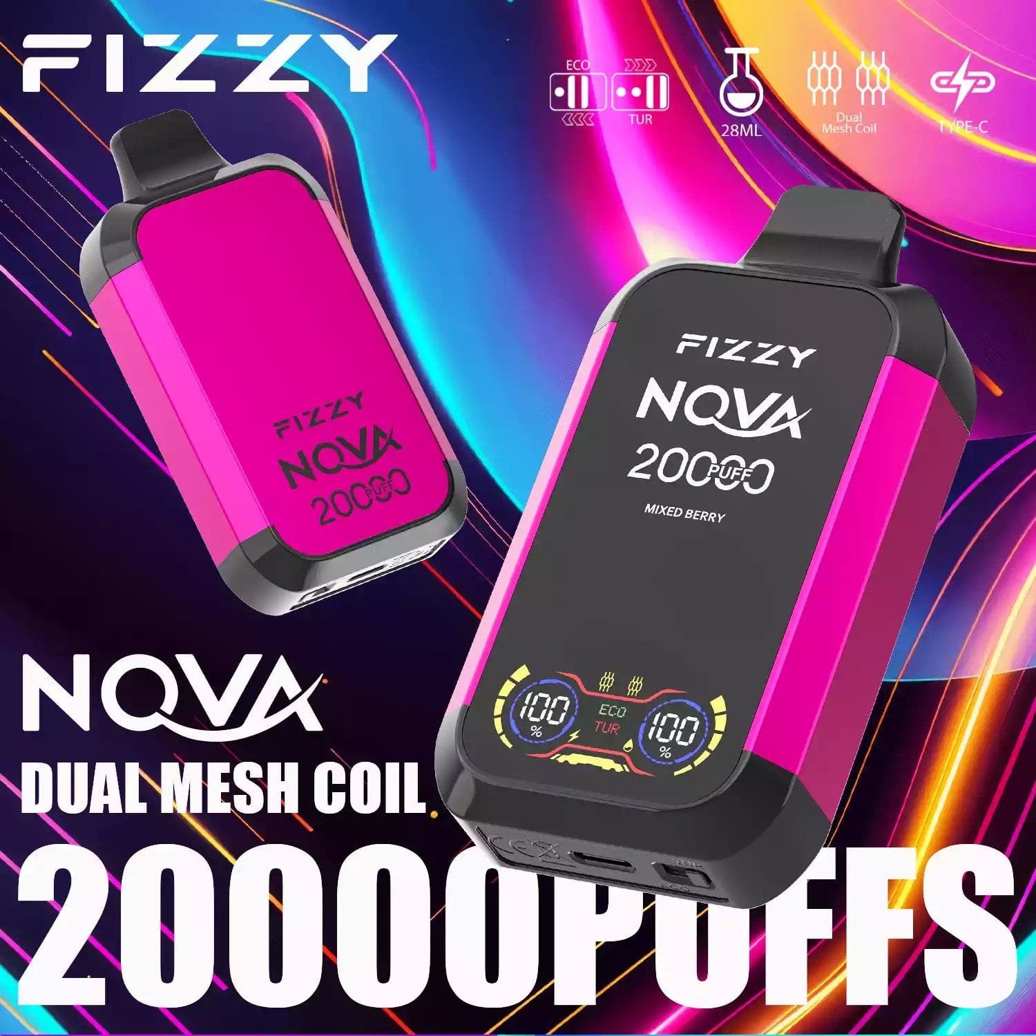 Fizzy Nova 20000 Puffs | dual mesh coil, LCD screen, rechargeable disposable vape bulk & wholesale - Image 11