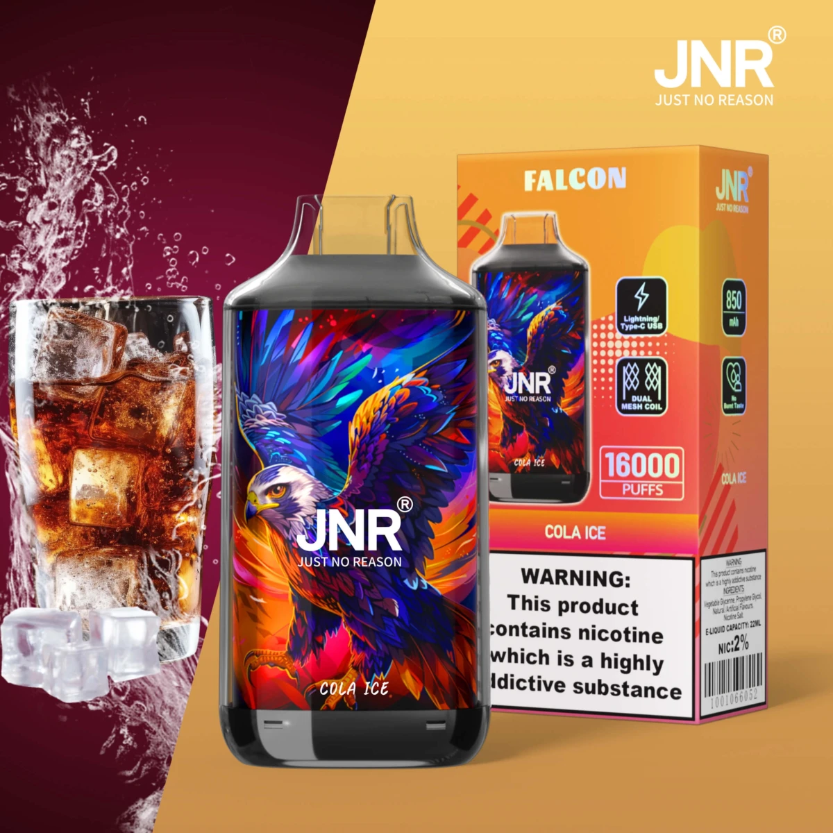 JNR FALCON 16000 puffs disposable vape cola ice flavor, JNR 16000 puffs vape icy cola, wholesale JNR vape EU