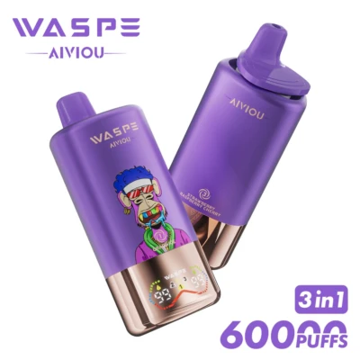 WASPE AIVIOU 60000 puffs 3 in 1 disposable vape in purple rose gold, orange ice strawberry raspberry cherry flavor, 60k puffs 3 in 1 vape device