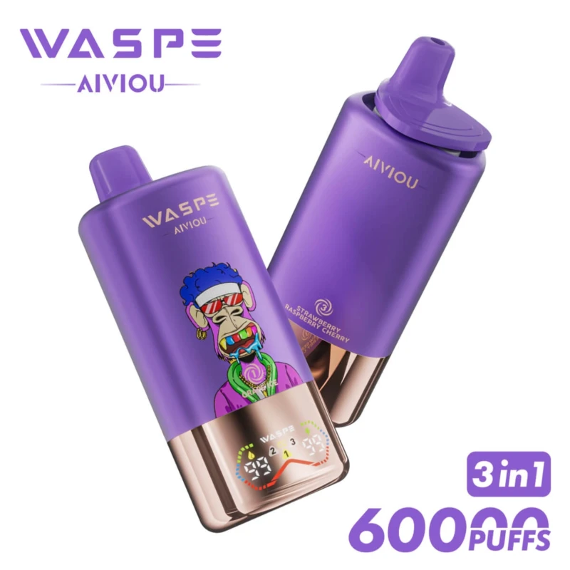 WASPE AIVIOU 60000 puffs 3 in 1 disposable vape in purple rose gold, orange ice strawberry raspberry cherry flavor, 60k puffs 3 in 1 vape device