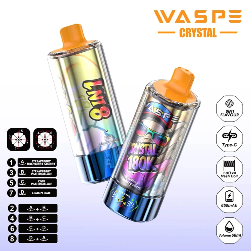 WASPE CRYSTAL 180K 8-in-1 Disposable Vape, Strawberry Raspberry Cherry Strawberry Watermelon Kiwi Watermelon Lemon Lime, 180000 Puffs, Bulk Vape