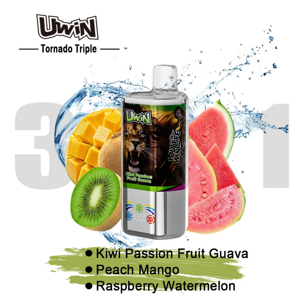 Uwin Tornado Triple 60000 puffs 3 in 1 disposable vape, Kiwi Passion Fruit Guava Peach Mango Raspberry Watermelon flavors, high puffs vape EU wholesale
