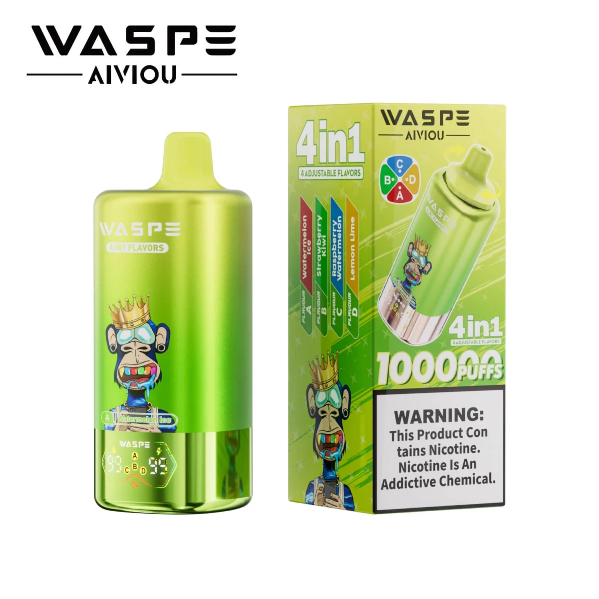 WASPE 10000 Puffs 4 in 1 Disposable Vape, Watermelon Ice Strawberry Kiwi Raspberry Watermelon Lemon Lime Flavor, 10K Puffs 4 Flavors in 1 Vape with LED Screen