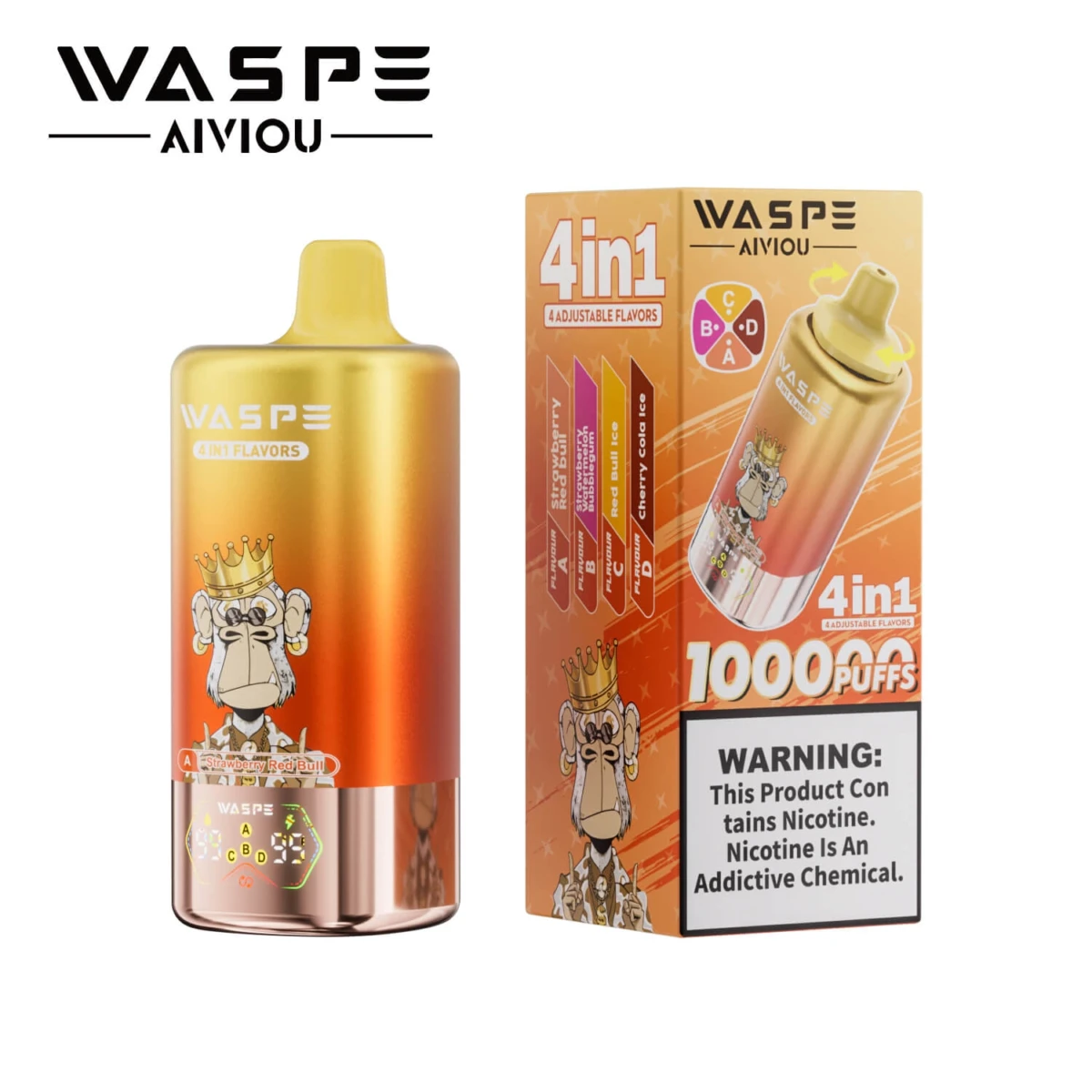 WASPE 10000 Puffs 4 in 1 Disposable Vape, Strawberry Red Bull Strawberry Bubblegum Bubblegum Cherry Cola Ice Flavor, 10K Puffs 4 Flavors in 1 Vape EU Wholesale