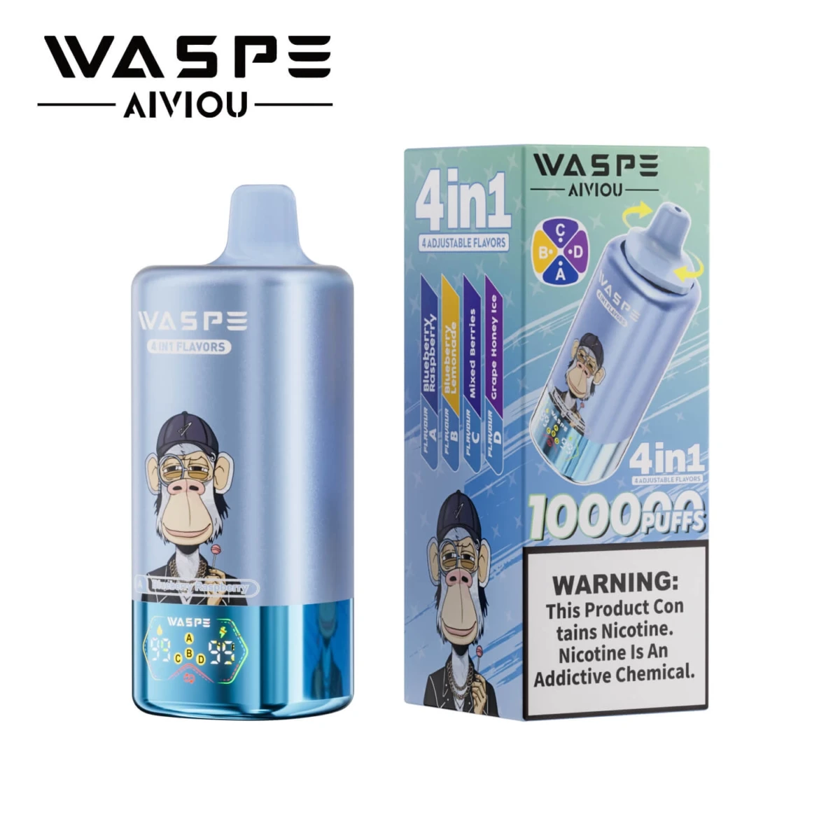 WASPE 10000 Puffs 4 in 1 Disposable Vape, Blueberry Raspberry Blueberry Lemonade Mixed Berries Grape Honey Ice Flavor, 10K Puffs 4 Flavors in 1 Vape with LED Screen