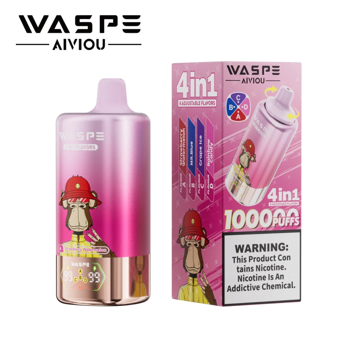 WASPWASPE 10000 Puffs 4 in 1 Disposable Vape, Strawberry Watermelon MR. Blue Grape Ice Rainbow Candy Flavor, 10K Puffs 4 Flavors in 1 Vape EU Wholesale ✅ Title