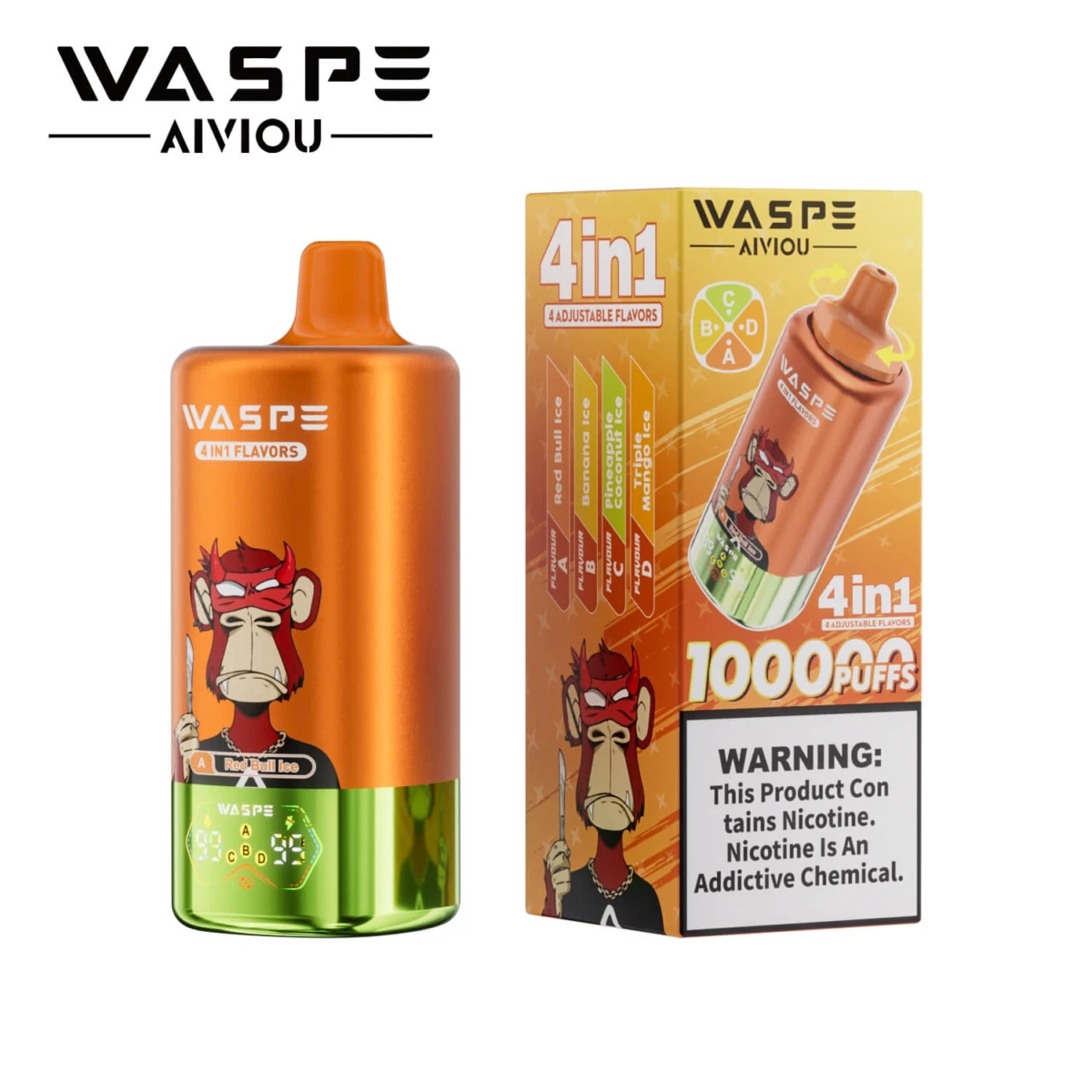 WASPE 10000 Puffs 4 in 1 Disposable Vape, Red Bull Ice Banana Ice Pineapple Coconut Ice Triple Mango Ice Flavor, 10K Puffs 4 Flavors in 1 Vape with LED Screen, Type-C Rechargeable EU Wholesale