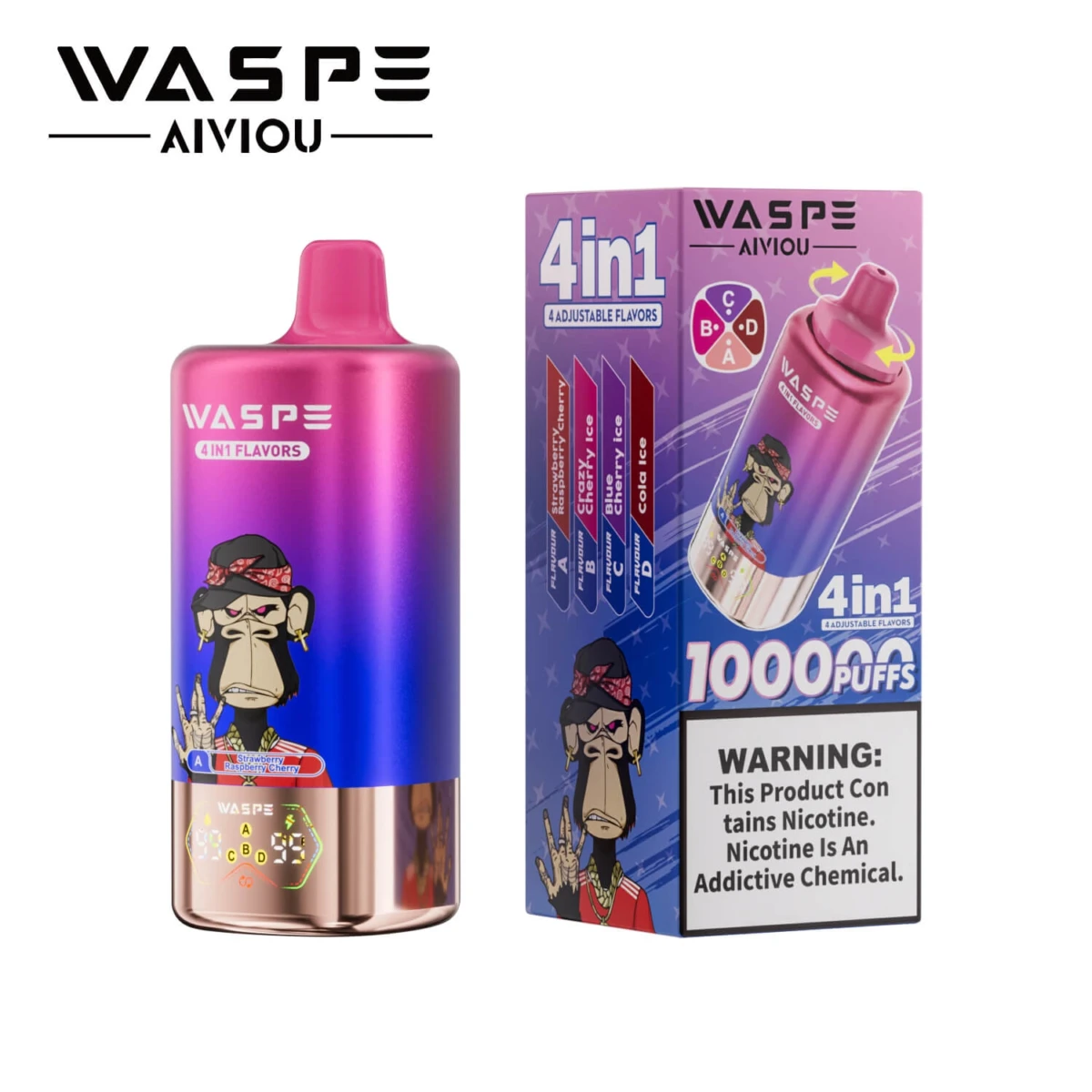 WASPE 10000 Puffs 4 in 1 Disposable Vape, Strawberry Raspberry Cherry Crazy Blue Cherry Ice Cola Ice Flavor, 10K Puffs 4 Flavors in 1 Vape with LED Screen, EU Wholesale Vape