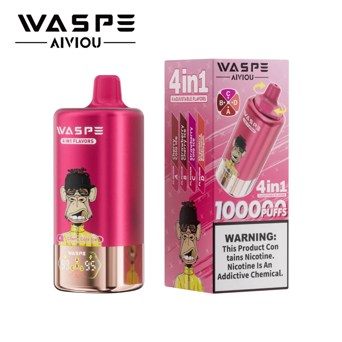 WASPE 10000 Puffs 4 in 1 Disposable Vape, Cherry Cola Ice Strawberry Ice Cherry Cold Ice Strawberry Watermelon Flavor, 10K Puffs 4 Flavors in 1 Vape EU Wholesale