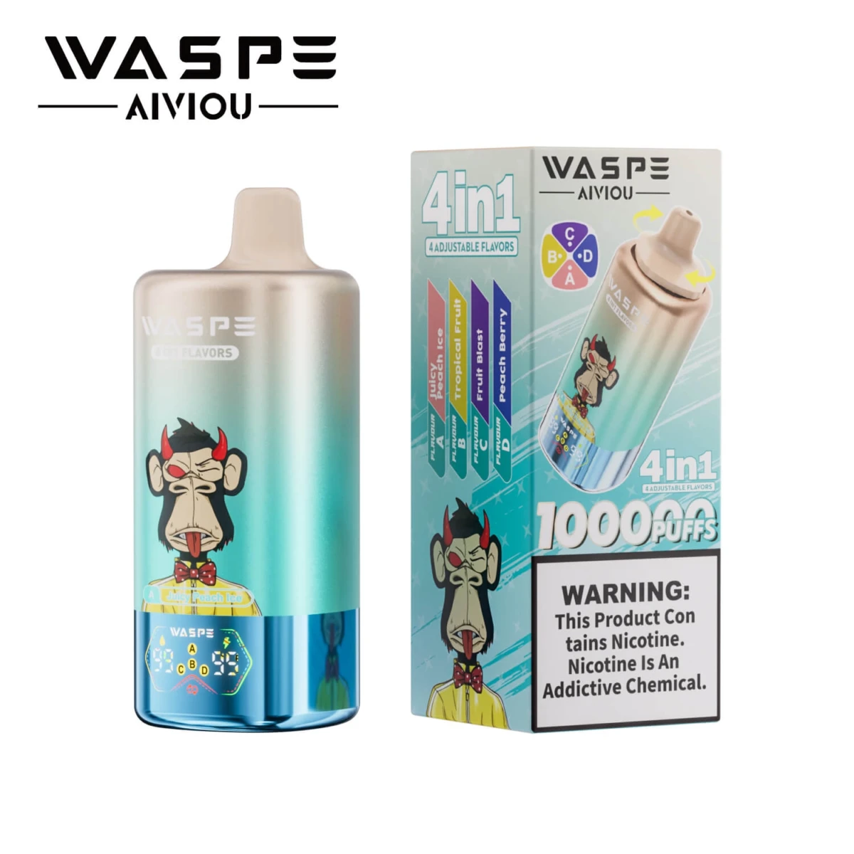 WASPE 10000 Puffs 4 in 1 Disposable Vape, Juicy Peach Ice Tropical Fruit Fruit Blast Peach Berry Flavor, 10K Puffs 4 Flavors in 1 Vape EU Wholesale