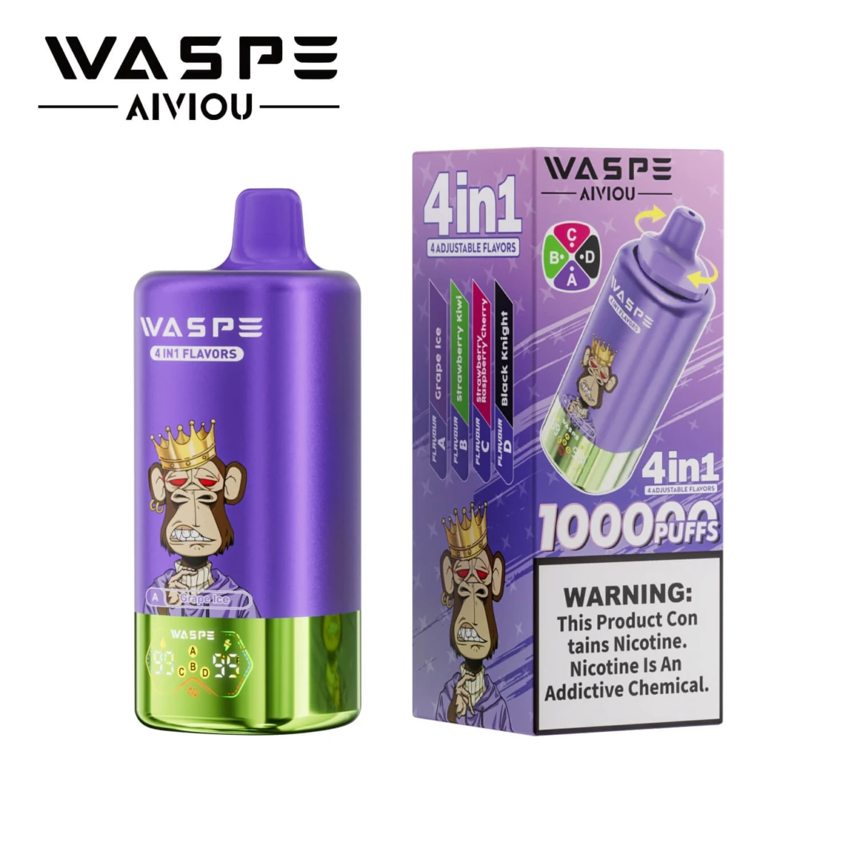 WASPE 10000 Puffs 4 in 1 Disposable Vape, Grape Ice Strawberry Kiwi Raspberry Cherry Black Knight Flavor, 10K Puffs 4 Flavors in 1 Vape with LED Screen, Type-C Rechargeable EU Wholesale
