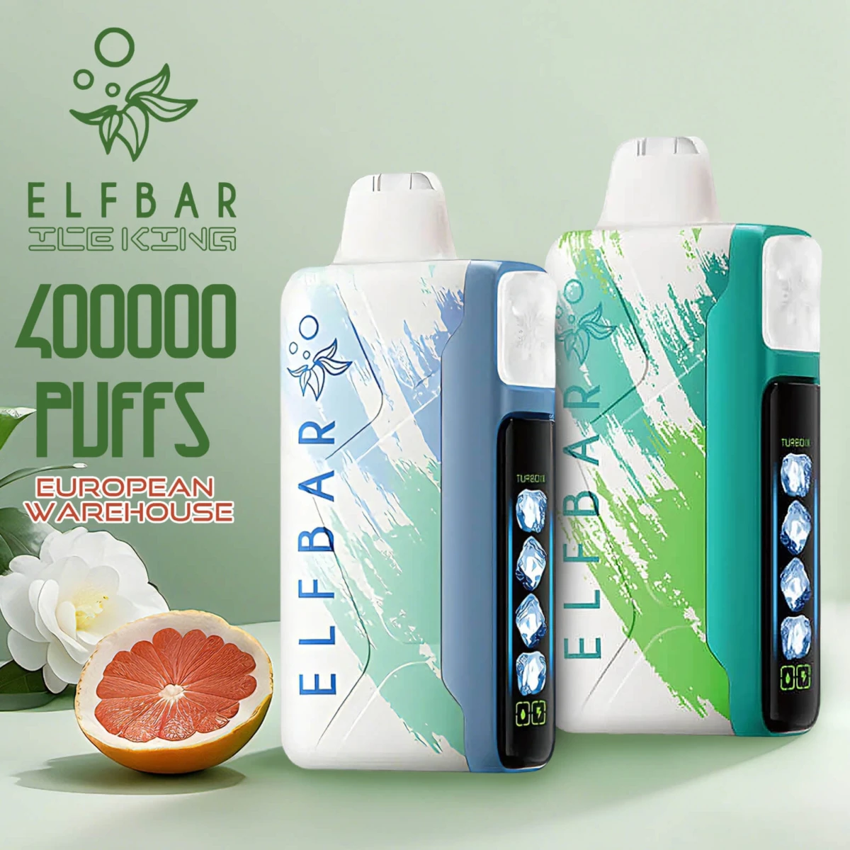 ELFBAR ICE KING 40000 puffs disposable vape with gradient blue-green designs, ice-themed LED display